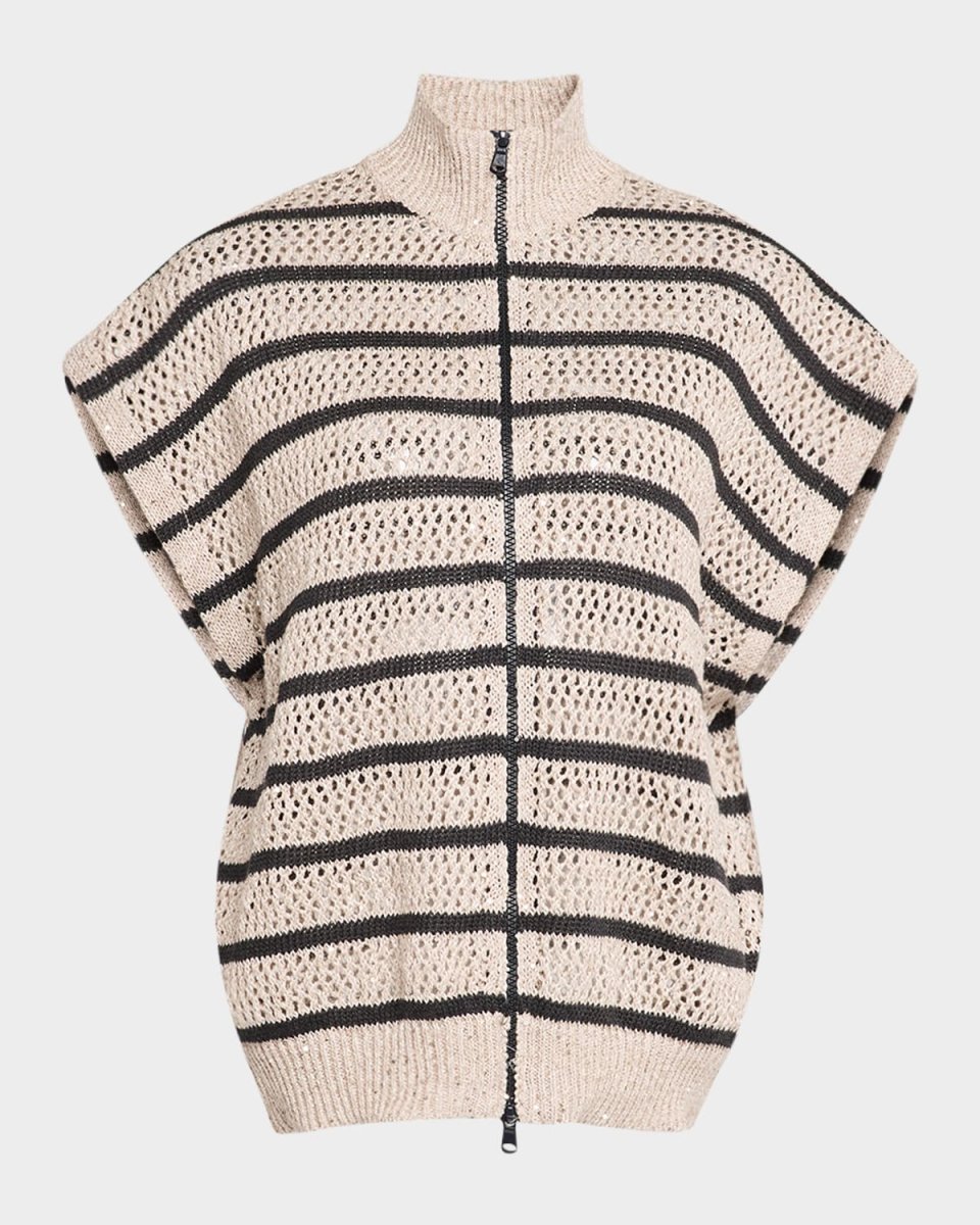 Striped Paillette Knit Short-Sleeve Zip Cardigan